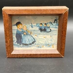 Framed Krüger Delft-Style Dutch Children Postcard with Geese in Wood‎ Shadowbox